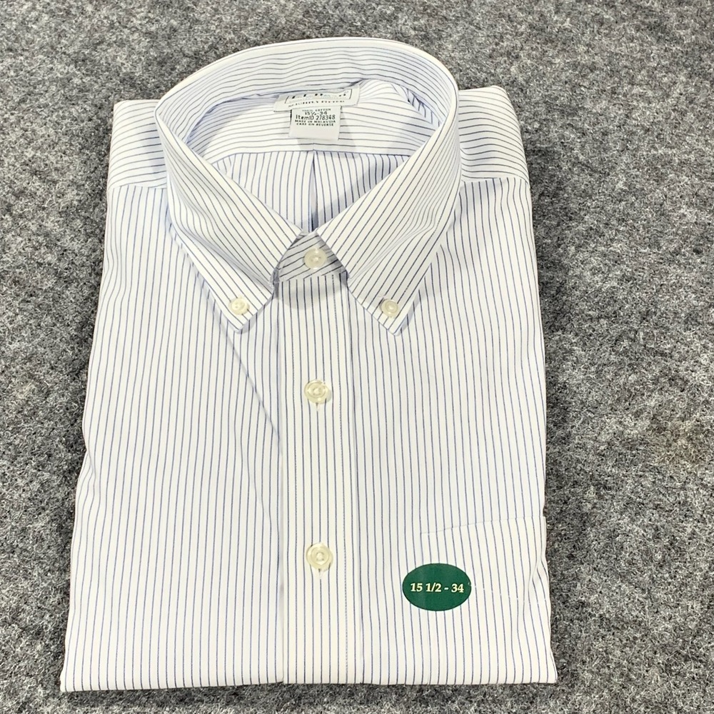 LL Bean Shirt Mens 15.5 34 White Blue Striped Slightly Fitted Button Down New